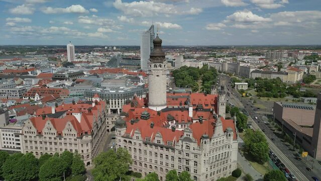 The drone aerial view of new town hall and old town of Leipzig, Germany. Leipzig is the  largest city in Saxony, Germany.