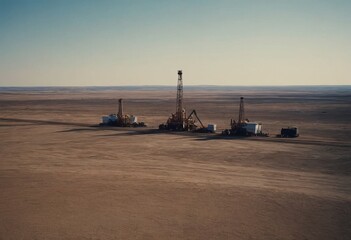 Fototapeta premium Oil and gas industry. Working oil pump jack on oil field at sunset. Industrial theme
