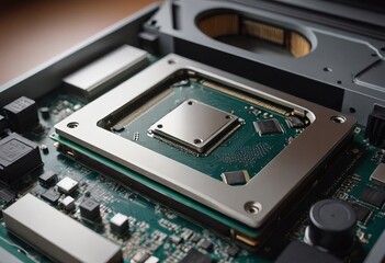 Modern CPU processor installed on a brand new motherboard, object detail, extreme closeup, nobody.