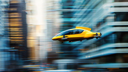 futuristic flying yellow taxi flies fast in a big city among tall buildings