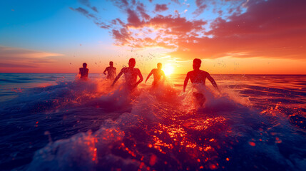 Group of teenage young people having fun in the sea at sunset on spring break - obrazy, fototapety, plakaty