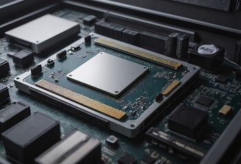 Fototapeta premium Modern CPU processor installed on a brand new motherboard, object detail, extreme closeup, nobody.