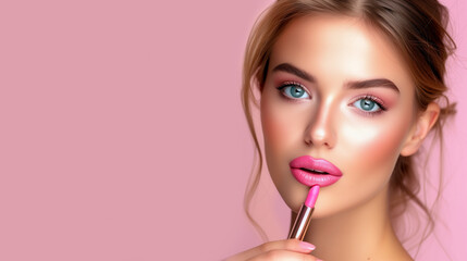 Beautiful young super model applying lipstick with copy space for text