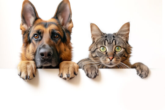 A German shepherd / alsation dog and a cat looking over a blank poster / placard cut out and isolated with copy space for text
