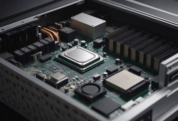 Modern CPU processor installed on a brand new motherboard, object detail, extreme closeup, nobody.