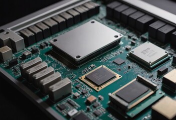 Modern CPU processor installed on a brand new motherboard, object detail, extreme closeup, nobody.