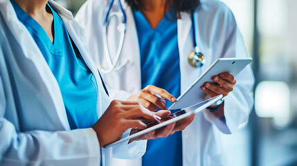 Image of a doctor in a medical field having a meeting with a tablet.