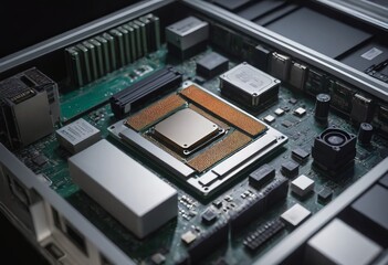 Modern CPU processor installed on a brand new motherboard, object detail, extreme closeup, nobody.