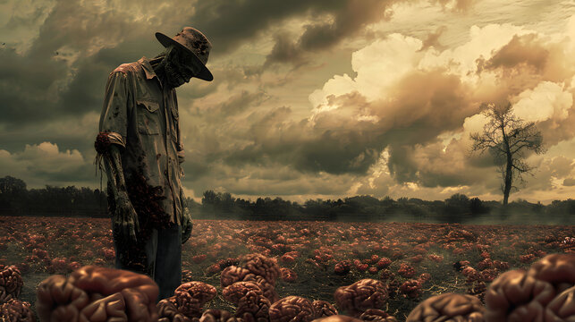 A farmer zombie standing on a field of brains