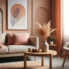 Minimal living room with wooden coffee table near sofa close-up. Interior in trendy peach colors.  AI Generated