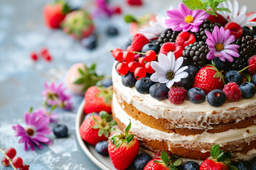 A stunning naked cake generously adorned with an array of fresh summer berries and vibrant edible flowers. 