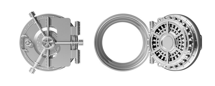 Metal bank safe vault on copy space isolated white background