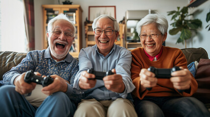 group of happy elderly people of different nationalities play a video game together. The elderly people are engaged in hobbies