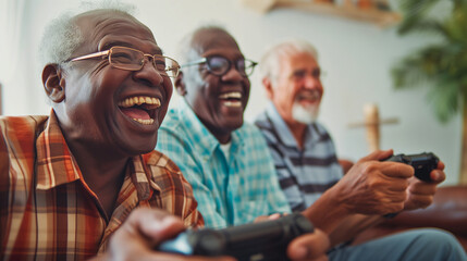 group of happy elderly people of different nationalities play a video game together. The elderly people are engaged in hobbies - obrazy, fototapety, plakaty