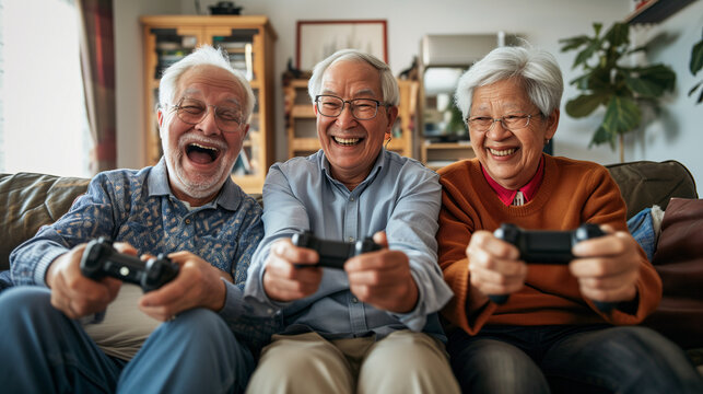 group of happy elderly people of different nationalities play a video game together. The elderly people are engaged in hobbies