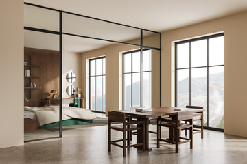 Beige hotel interior with living room and bedroom, panoramic window