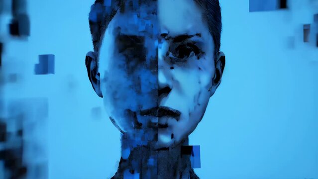 Pixelated woman's face against a blue background, conceptual representation of digital technology
