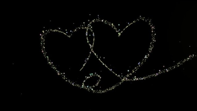 Festive effect with gold silver sequins. Alpha channel. Draws a heart shape The lights are shining and flying away. valentines day and love animation ,shiny and glitter hearts ,glowing particles. 