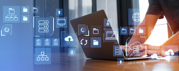 Man hands typing in laptop, glowing digital server hologram with icons