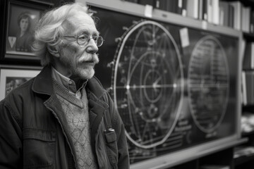 An elder physicist with white hair stands thoughtfully in a black and white room filled with diagrams of celestial mechanics.
