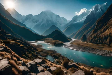 Acrylglas Duschewand mit Foto Annapurna Himalayas mountains river valley panorama in Annapurna range, Nepal