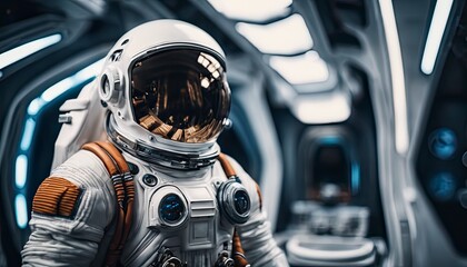 spaceship and astronaut, astronaut in action, daring astronaut, space suit and helmet, standing in front of futuristic spaceship