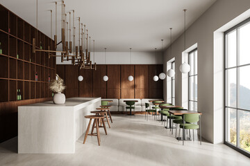 Stylish restaurant interior with bar island and dining table with chairs, window