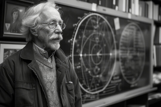 An elder physicist with white hair stands thoughtfully in a black and white room filled with diagrams of celestial mechanics.