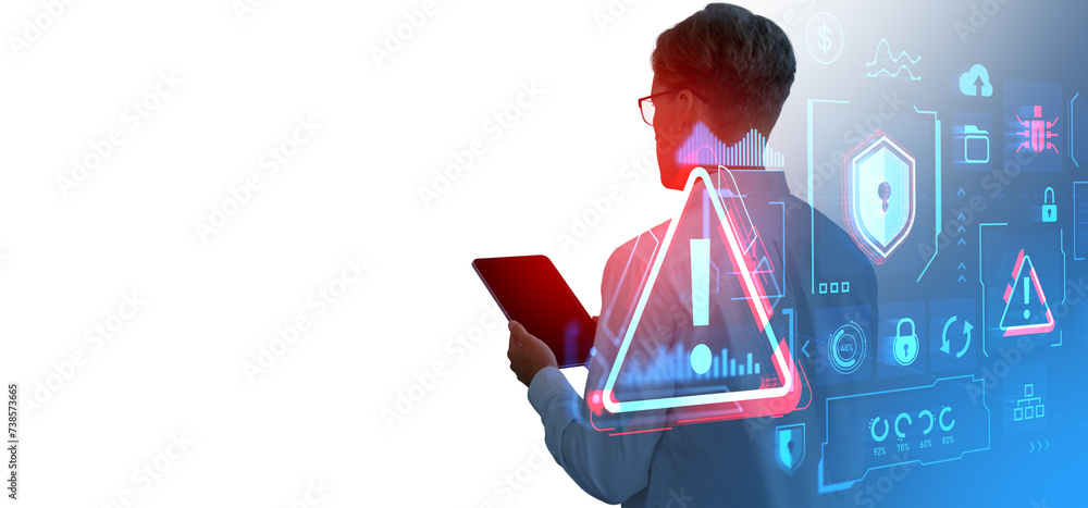 Poster man working with tablet, technology and big data server security. copy space