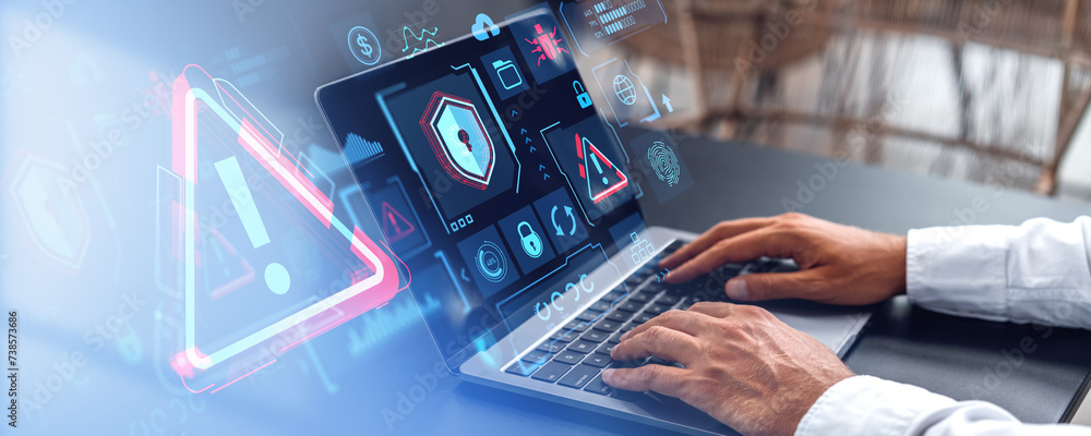 Poster man hands with laptop and cybersecurity interface