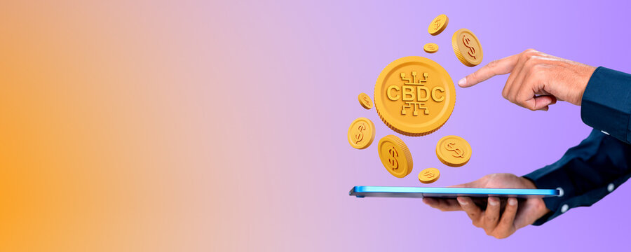 Businessman working in tablet, CBDC with gold dollar coins on empty background