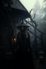 Enigmatic Witch with Lantern in Misty Dark Forest