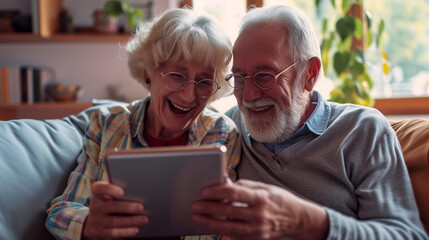 A elderly couple explores content on a tablet, surrounded by the comfort of their home, exemplifying technology's role in everyday life