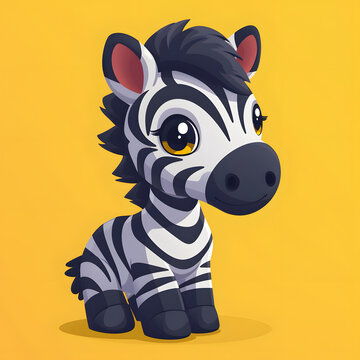 Cute cartoon zebra illustration on yellow background. Childish character design concept. Design for sticker, greeting card, invitation. Flat lay composition
