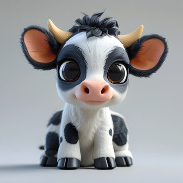 Cute cartoon cow illustration on a white background. Farm animal character design concept. Design for sticker, flat logo of funny baby cow with big eyes lovely little animal 3d rendering cartoon