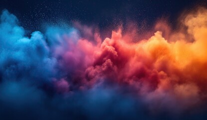 Fototapeta premium An ethereal display of colorful dust clouds that resemble a nebula, showcasing a blend of blues, pinks, and oranges in a dark universe. Abstract Colorful Powder Burst on Dark Background