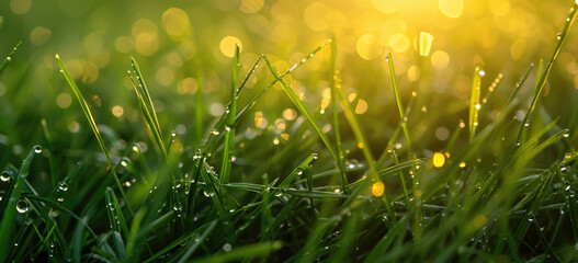 Morning dew on fresh green grass with sunrise bokeh. Nature and freshness.