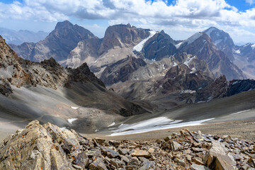Mountain Landscape of Fan Mountains on a sunny day in summer, Tajikistan, Central Asia. Fan Mountains.