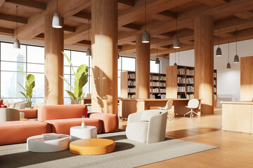 Wooden library interior with lounge and work zone, panoramic window