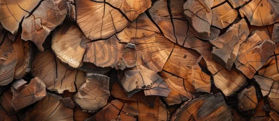 Fotobehang Pieces of tree that are cut up close are used as background from sawn wood pieces, with tree cuts gathered into a texture. © Sona