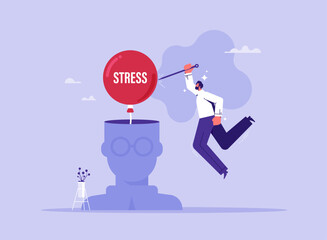 Meditation to help reduce stress concept, stress management, relaxation to relieve anxiety or anger from your brain, businessman holds a needle and a red balloon with the word stress