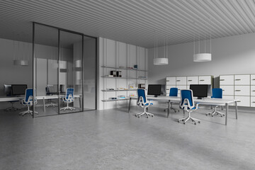 Modern office business interior with coworking zone and shelf with decoration