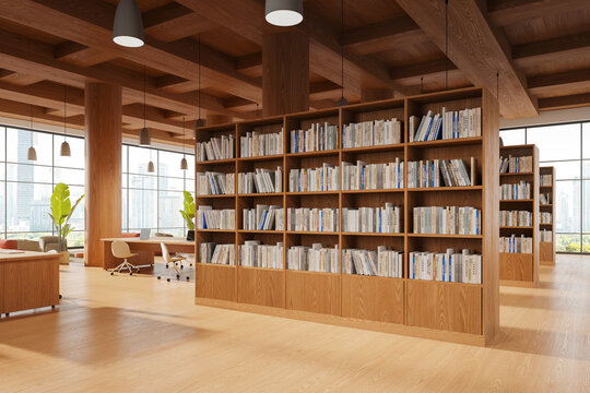 Wooden library interior with work and chill place, shelf and panoramic window