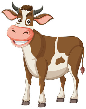 Vector illustration of a happy brown and white cow.