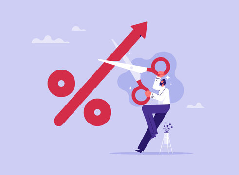 Stop Inflation concept, high interest rate on loans, economic crisis, central bank raised interest rate to curb soaring inflation, businessman cuts percentage mark with scissors