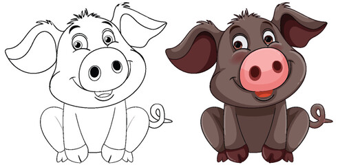 Two cute pigs, one sketched and one colored.