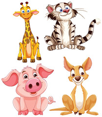 Four cute cartoon animals smiling happily together.