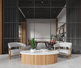 Modern office interior with relaxing and meeting space, shelf with folders