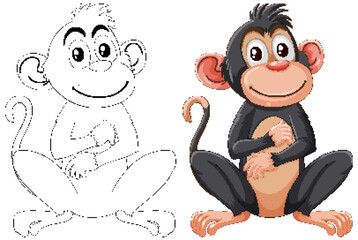 Two monkeys, one colored and one line art.