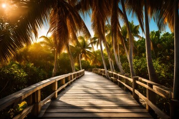 Fototapeta na wymiar Wooden boardwalk in beautiful Crandon Park in Key Biscayne